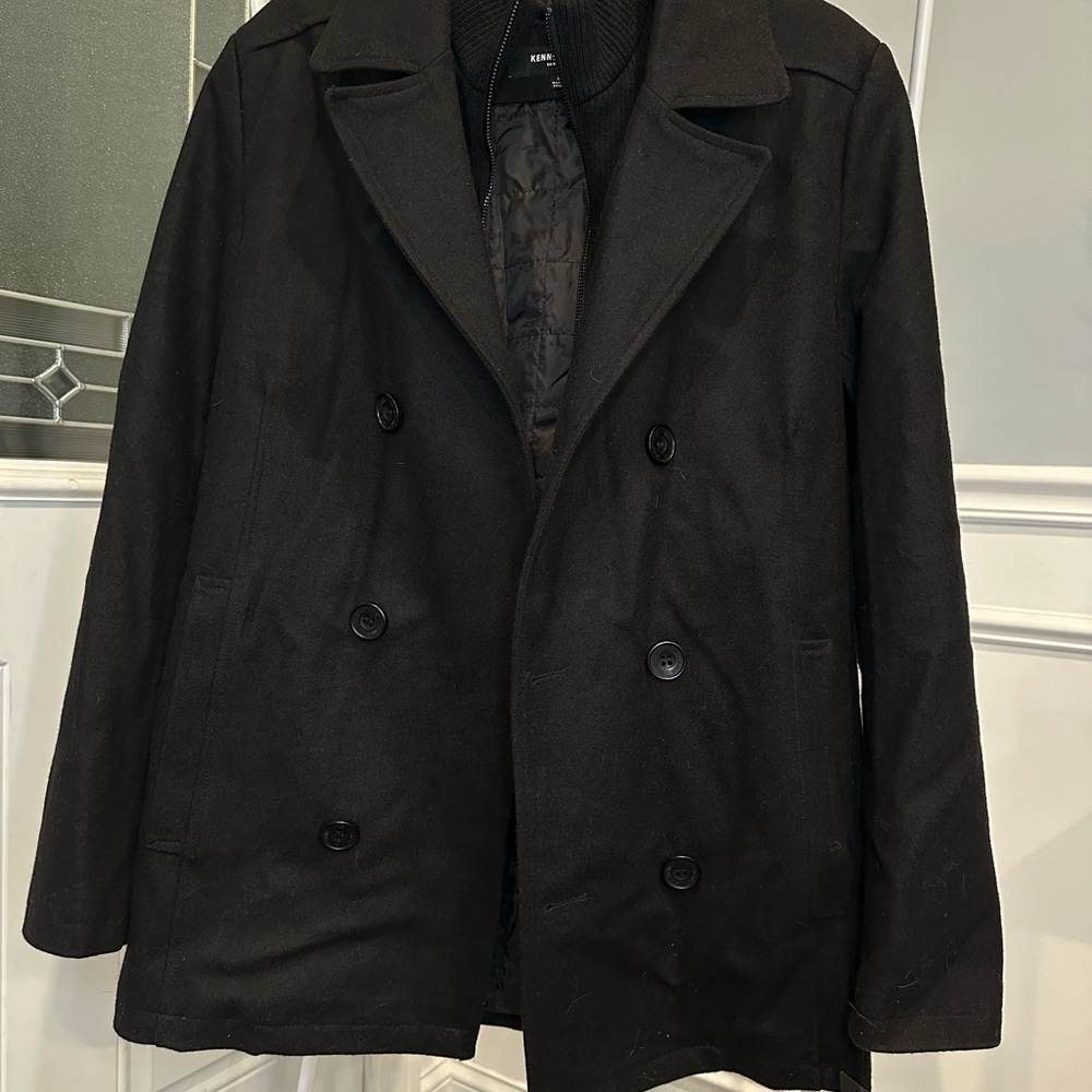 NWT Kenneth Cole Men's Black Double-Breasted Wool Blend Peacoat with Bib